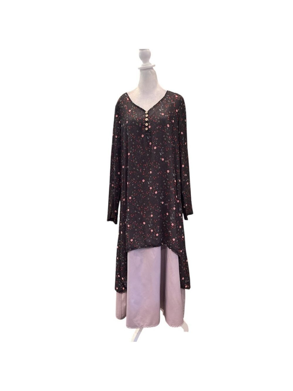 MISSLOOK L indigo with flower graphic long sleeve tunic over maxi shift dress